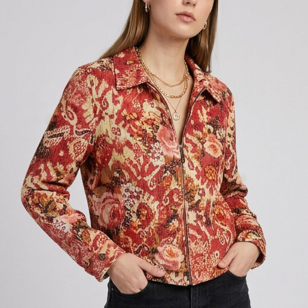 Coldwater Creek Vintage Tapestry Floral Silk Cotton Zip Jacket Women's L